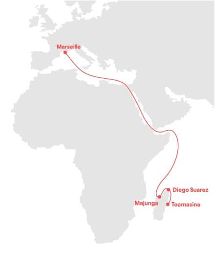 Carte ligne directe Marseille - Madagascar projet Windcoop